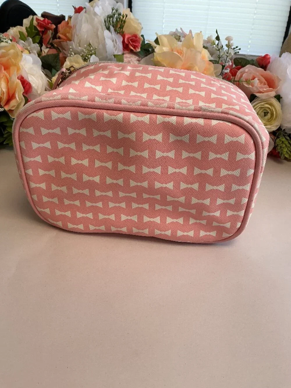 Dabney Lee Pink White Bow Train Case Cosmetic Makeup Travel Bag